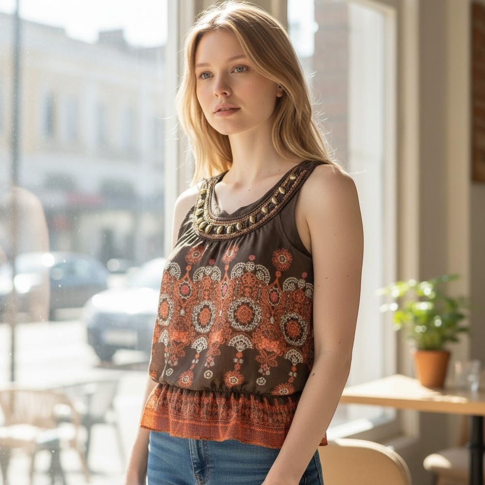 Apt. 9 Beaded Medallion Print Blouse Womens S Brown Boho Artistic Gypsy Summer